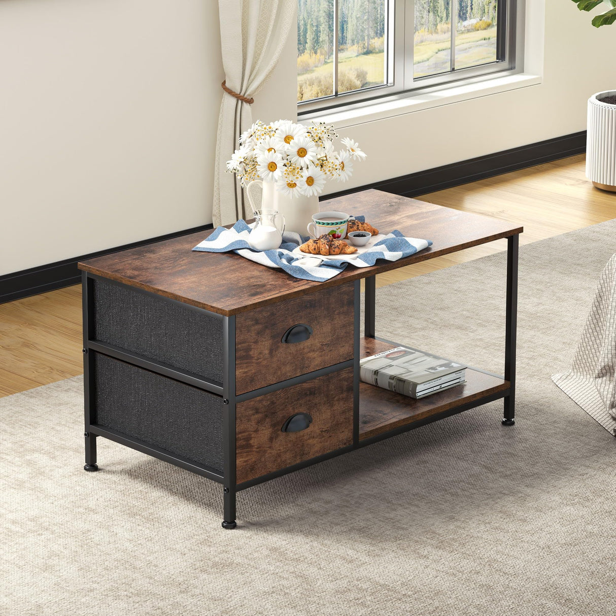 Coffee Table with Drawers, Coffee Table for Living Room, 2-Tier Coffee Tables