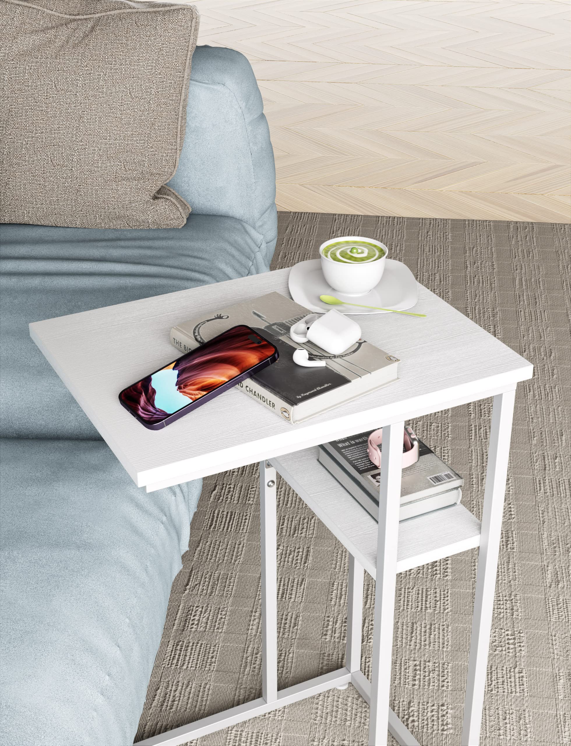 C Shaped End Table, Side Table with Metal Frame, TV Tray Table for Couch
