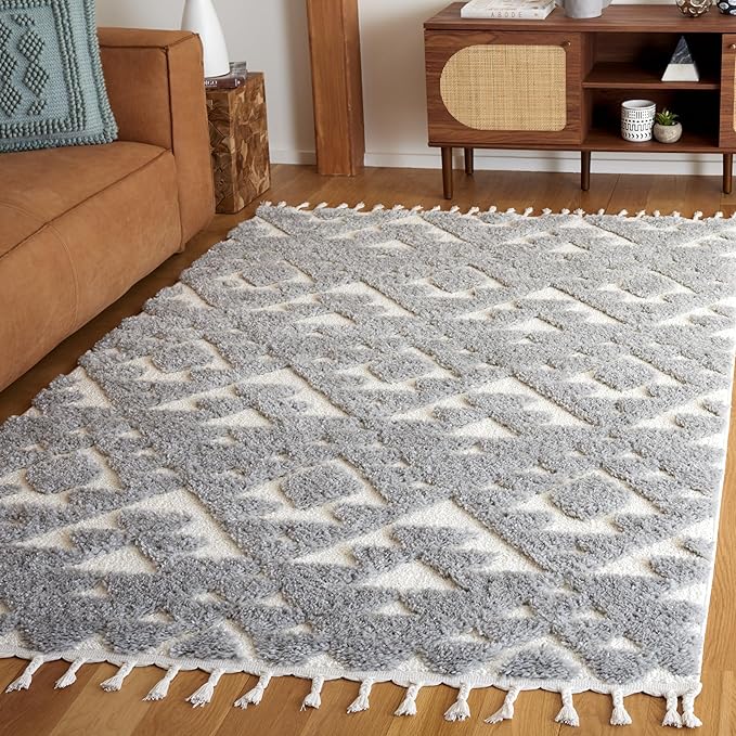 Moroccan Tassel Shag Collection Area Rug - 6'7" Square, Ivory & Brown