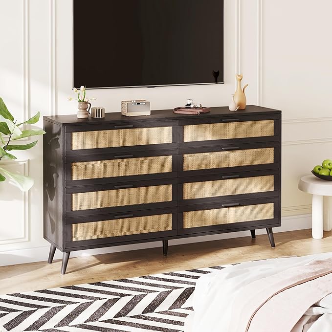 8 Drawer Double Dresser for Bedroom, Rattan Chest of Dressers, Modern Wooden