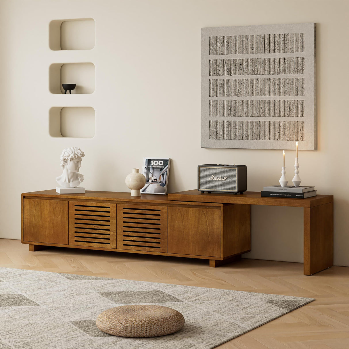 LUMISOL Extendable TV Stand with 2 Doors, Media Extendable Console TV Table for TVs up to 75” Farmhouse Entertainment Cabinet with Storage and Adjustable Shelves for Living Room, Brown Ebony