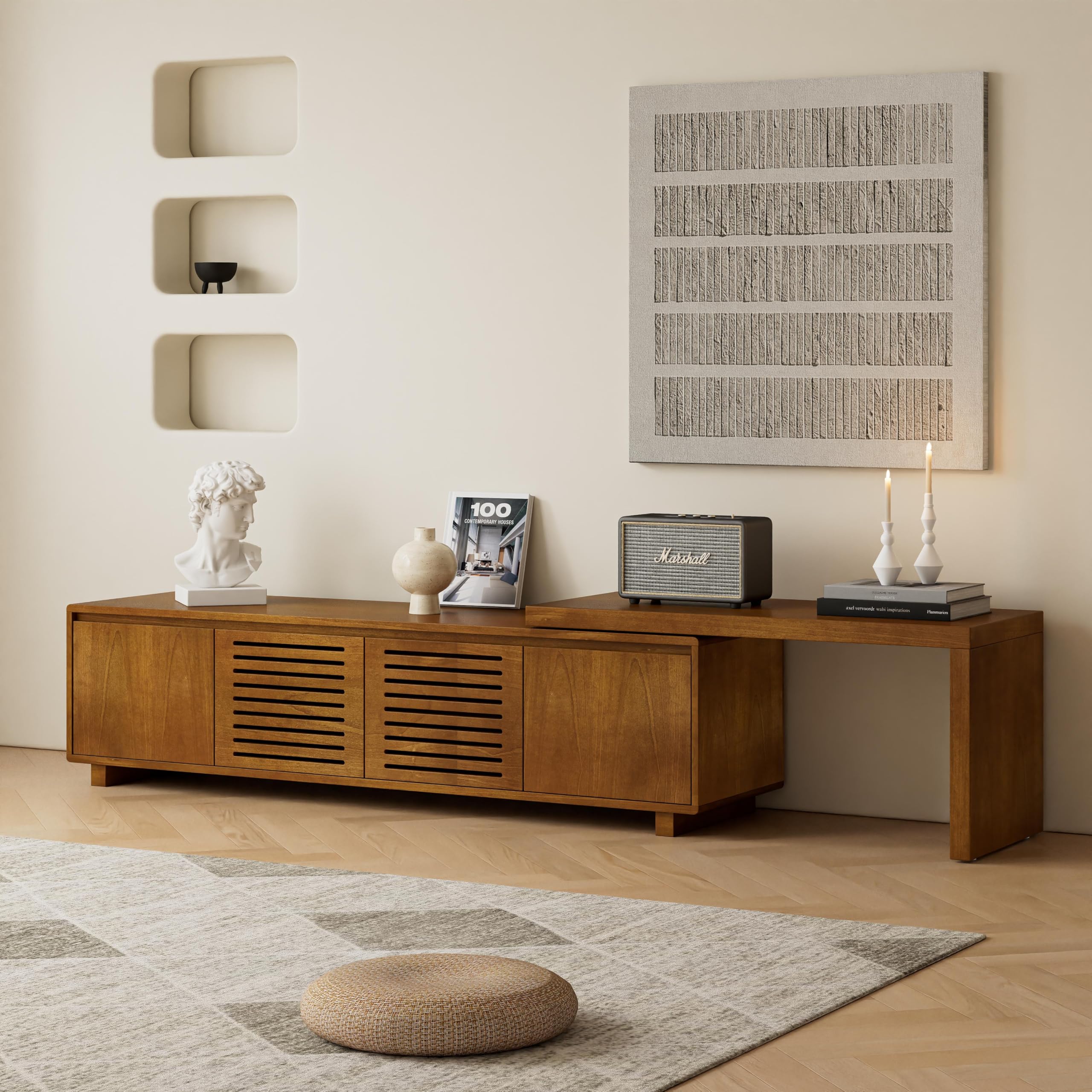 LUMISOL Extendable TV Stand with 2 Doors, Media Extendable Console TV Table for TVs up to 75” Farmhouse Entertainment Cabinet with Storage and Adjustable Shelves for Living Room, Brown Ebony
