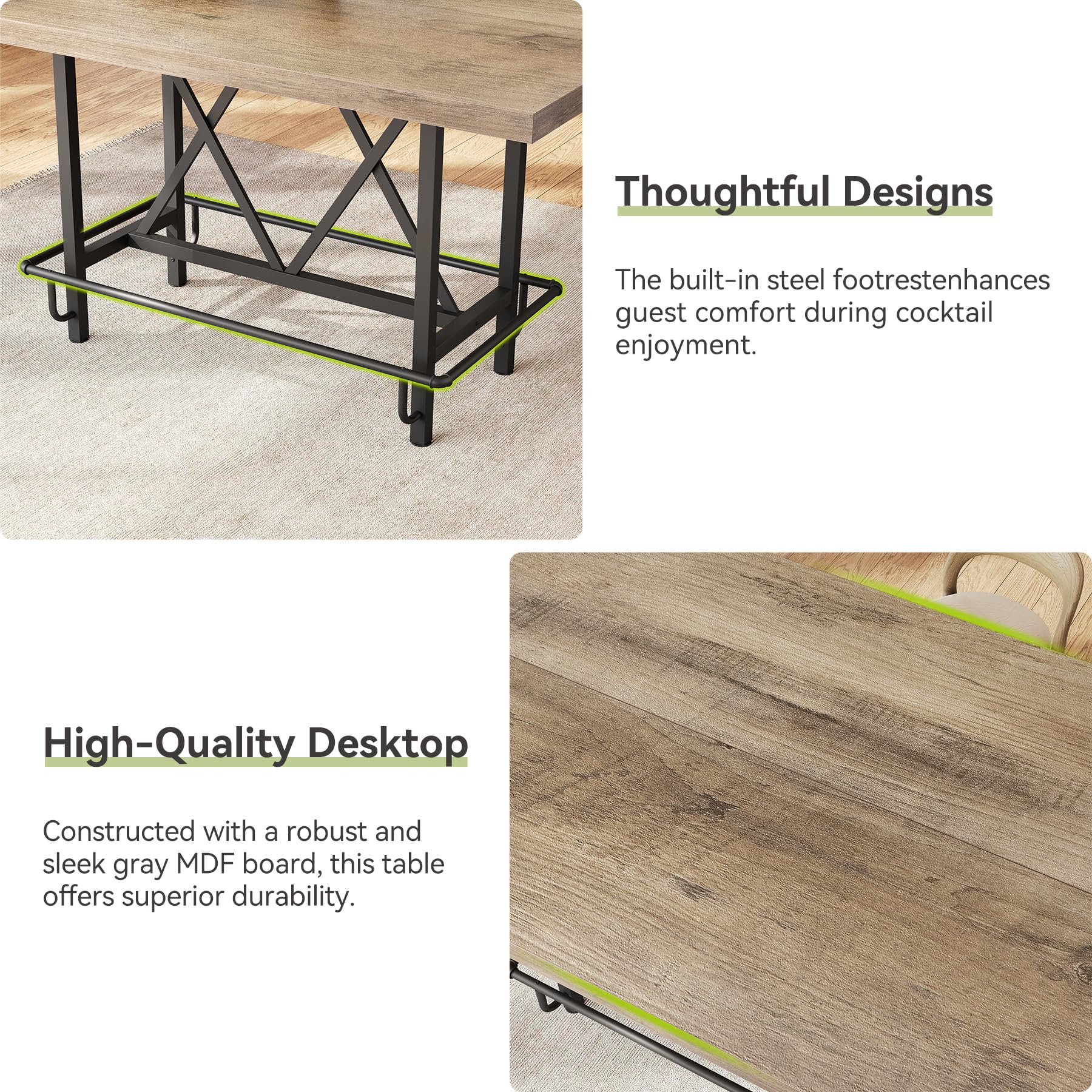 63-Inch Industrial Bar Table with Metal Footrest - Counter Height Pub Table