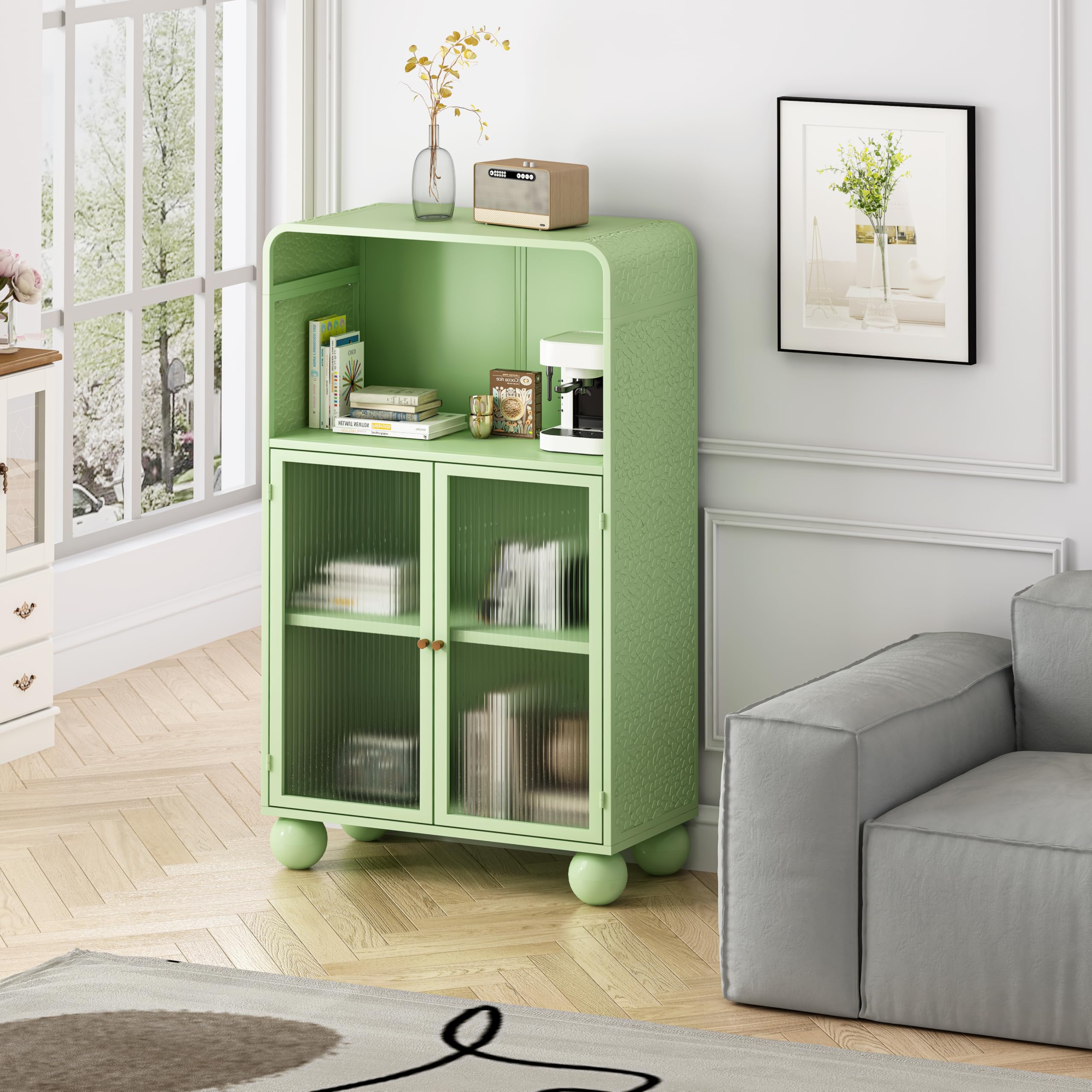 45.28” H Storage Cabinet, Bathroom Floor Cabinet with Glass Door and Shelves
