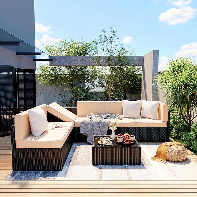 7 Piece Modular Outdoor Sectional, UV Protection Rattan Patio Sectional with Coffee Table