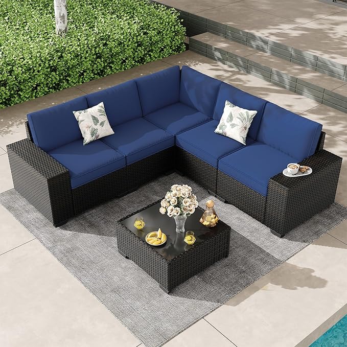 6 Pieces Outdoor Patio Furniture Set, Wicker Conversation Sets with Tea Table
