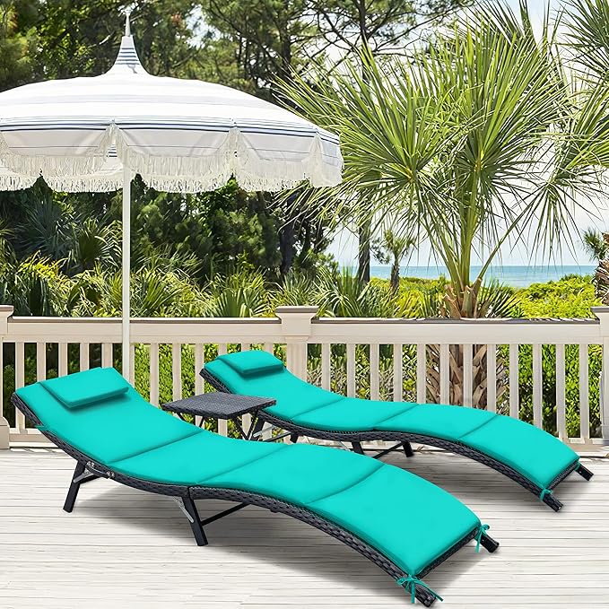 3 Pieces Patio Chaise Lounge Chair Sets Outdoor Beach Pool PE Rattan Reclining Chair