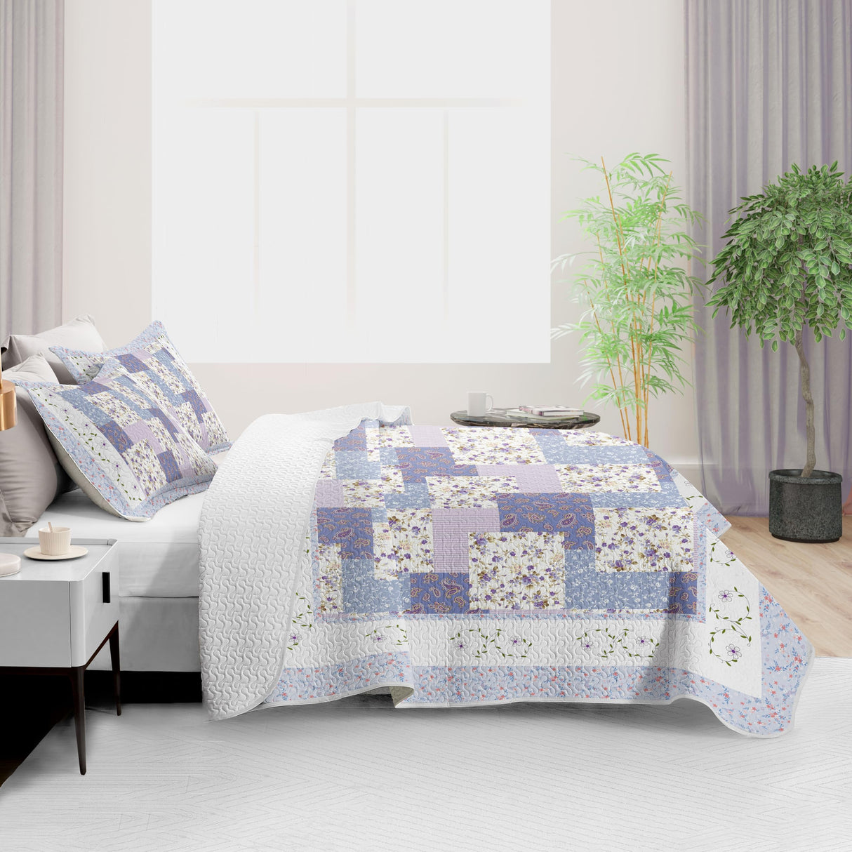 Purple Bedding Sets King - Reversible Microfiber Farmhouse Quilts