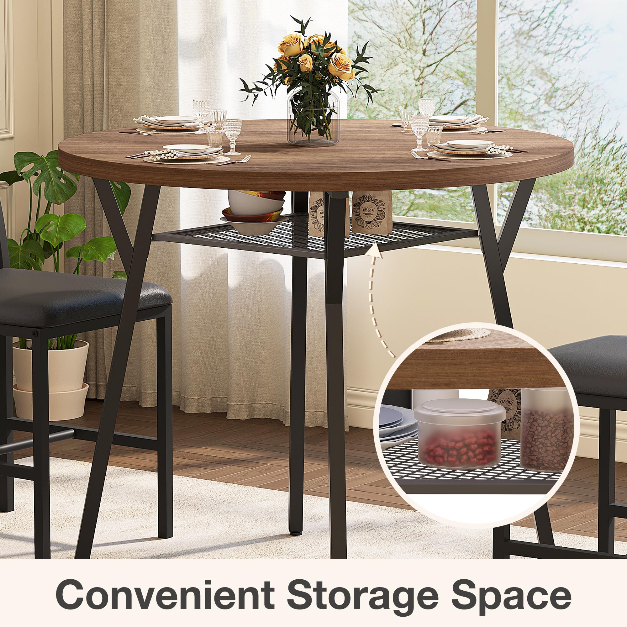 Round Dining Table Set for 4 with Pedestal Base - Walnut