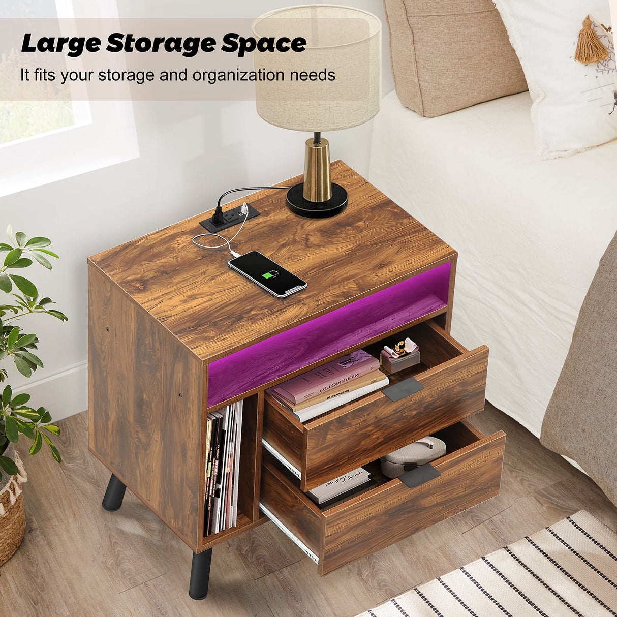 Side Table with Charging Station and LED Lights, Sofa End Table with USB Ports