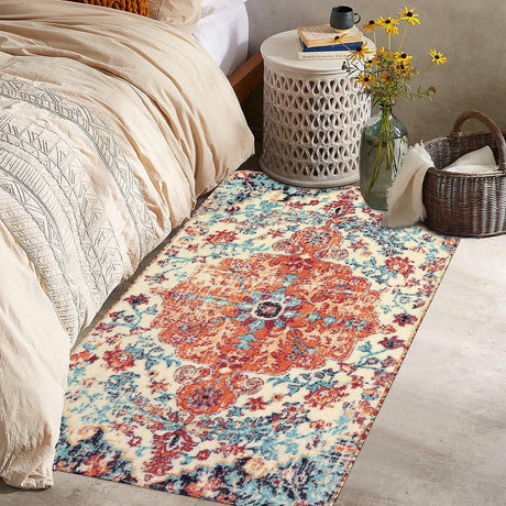 Lahome Bohemian Floral Medallion Area Rug - 3x5 Bedroom Rug Soft Throw Printed Bathroom Kitchen Entry Foyer Mat, Vintage Non-Slip Washable Carpet for Front Door Laundry Room Bath Office, Orange