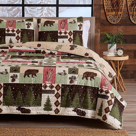 2-Piece Reversible Rustic Lodge Bedspread Quilt with 1 Sham. All-Season Quilt Set.