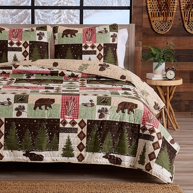 2-Piece Reversible Rustic Lodge Bedspread Quilt with 1 Sham. All-Season Quilt Set.