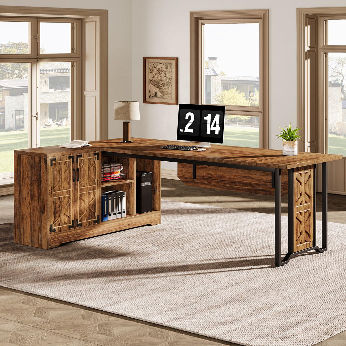 78" Long L-Shaped Executive Office Desk with Storage Cabinet, Farmhouse Large Manag