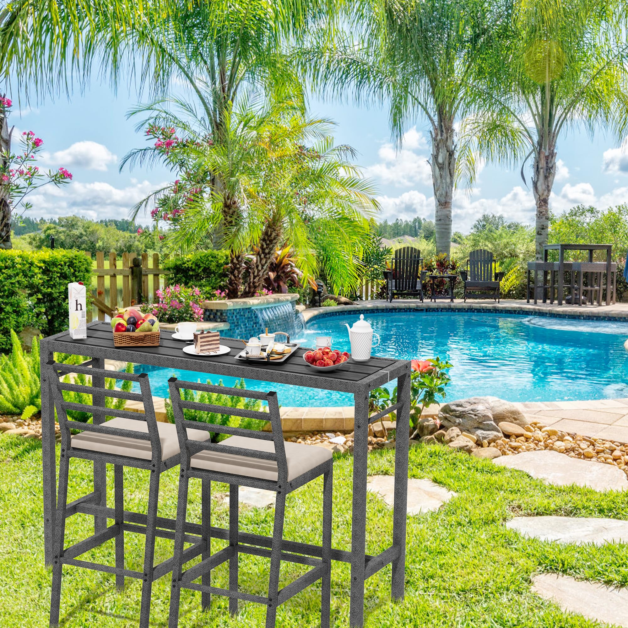 3Pcs Outdoor Patio Bar Set, 55" Rectangular Pub Height High Top Bar Table