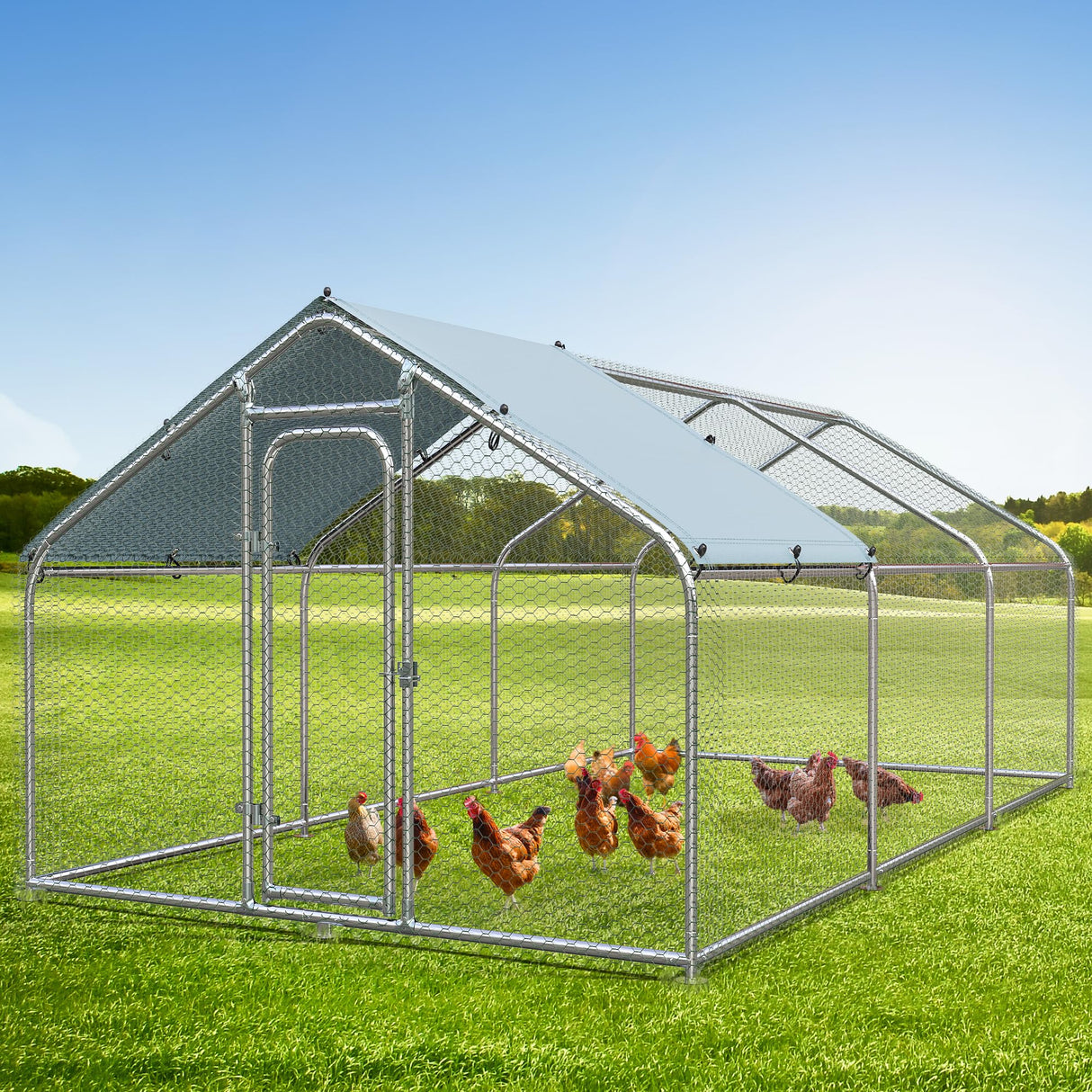 Large Metal Chicken Coop with Waterproof Cover, 19.68'L x 9.84'W x 6.49'H Walk-in