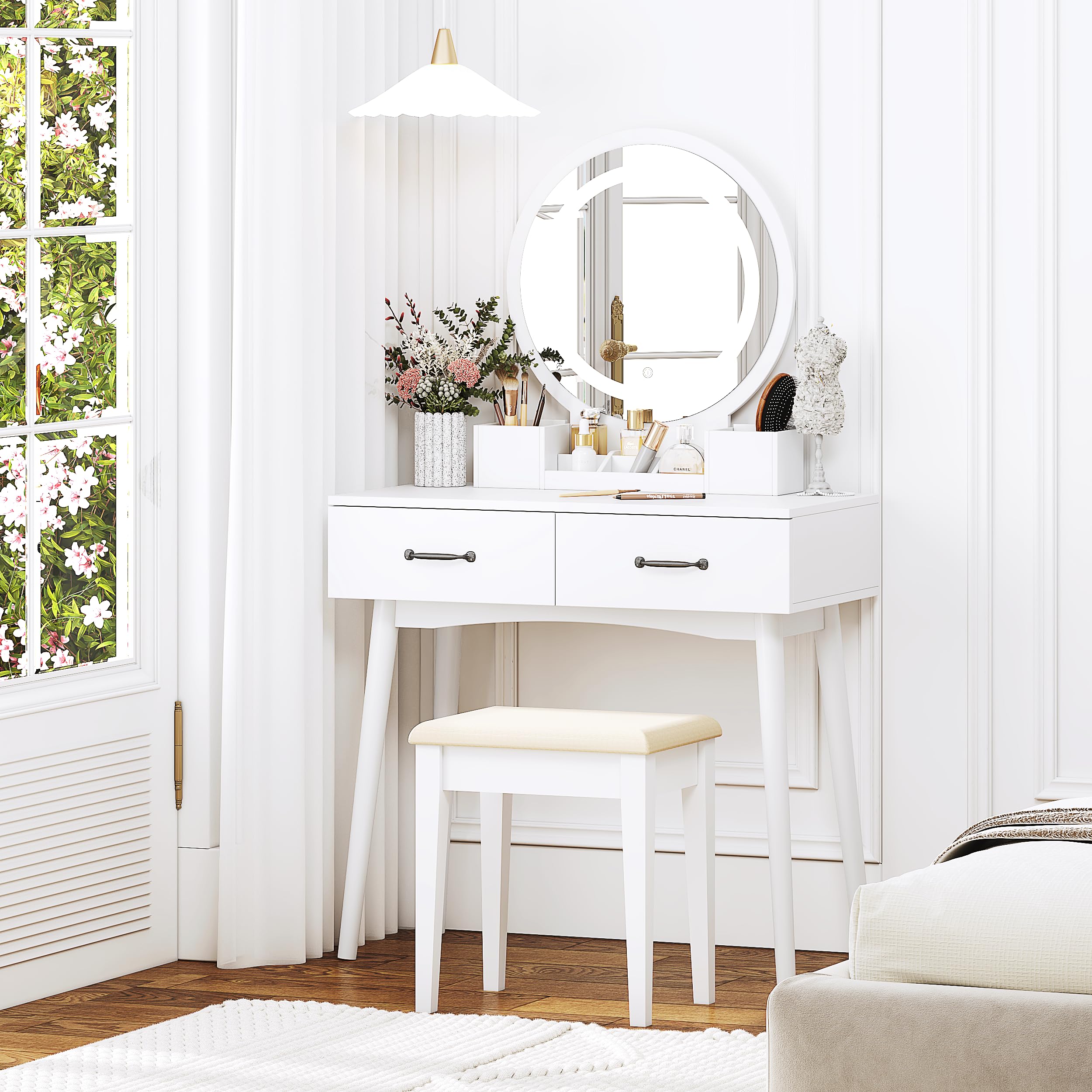 Makeup Vanity Desk with Round Mirror and Lights,White Vanity Makeup Table