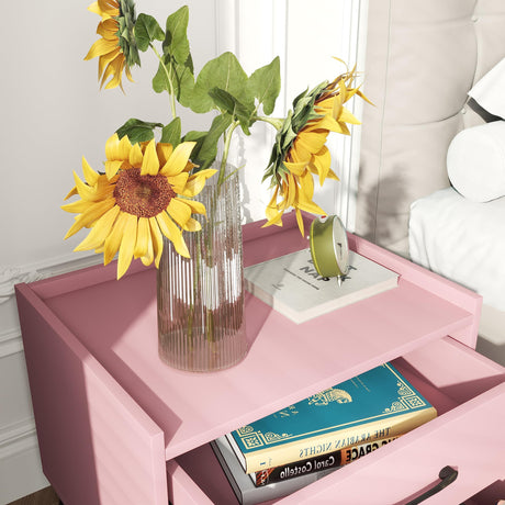 Pink Nightstand with 2 Storage Drawer,Modern Classics Bedside Table with Metal Legs