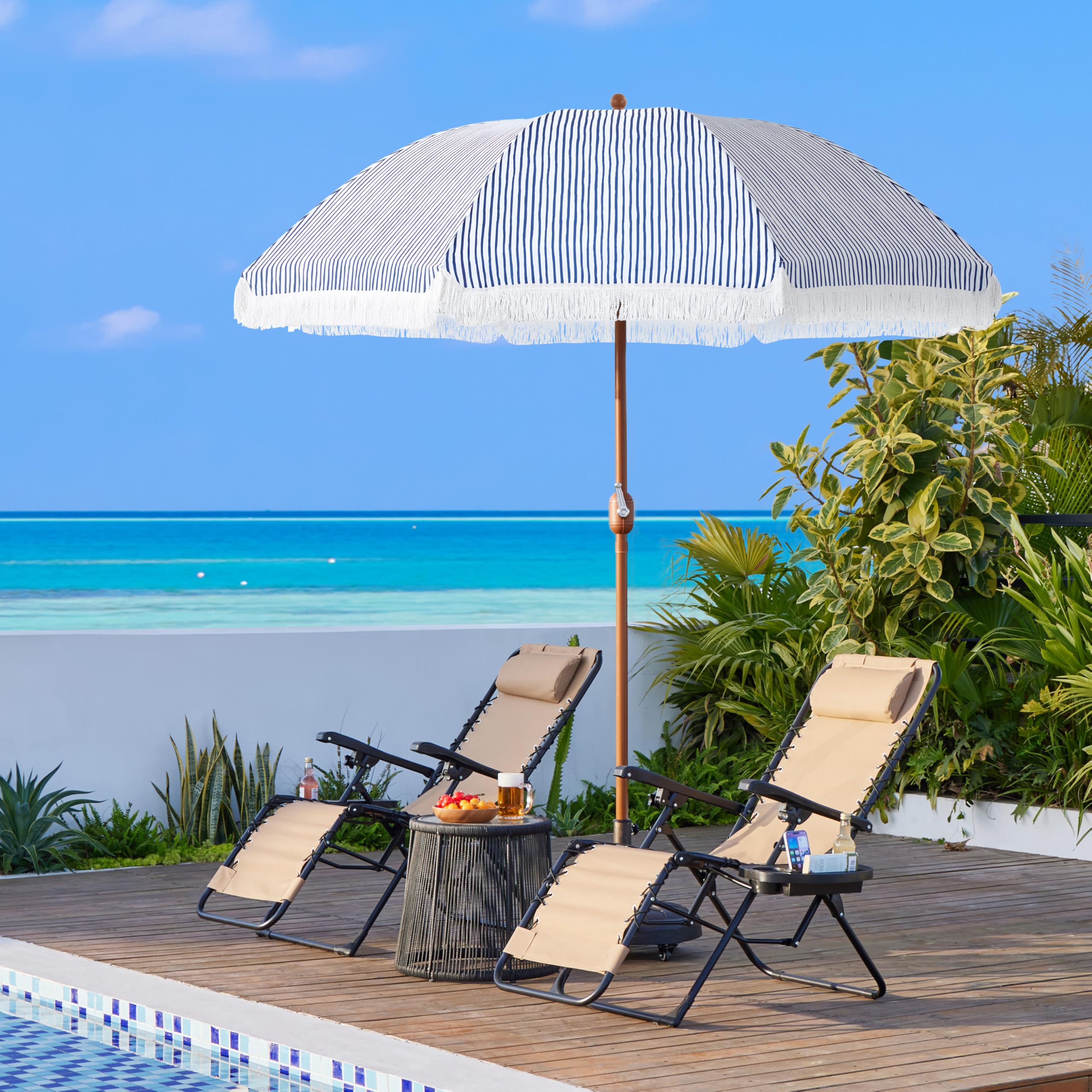 9ft Patio Umbrella with Tassels, Fringe Portable Beach Umbrella, Umbrella Outdoor Patio