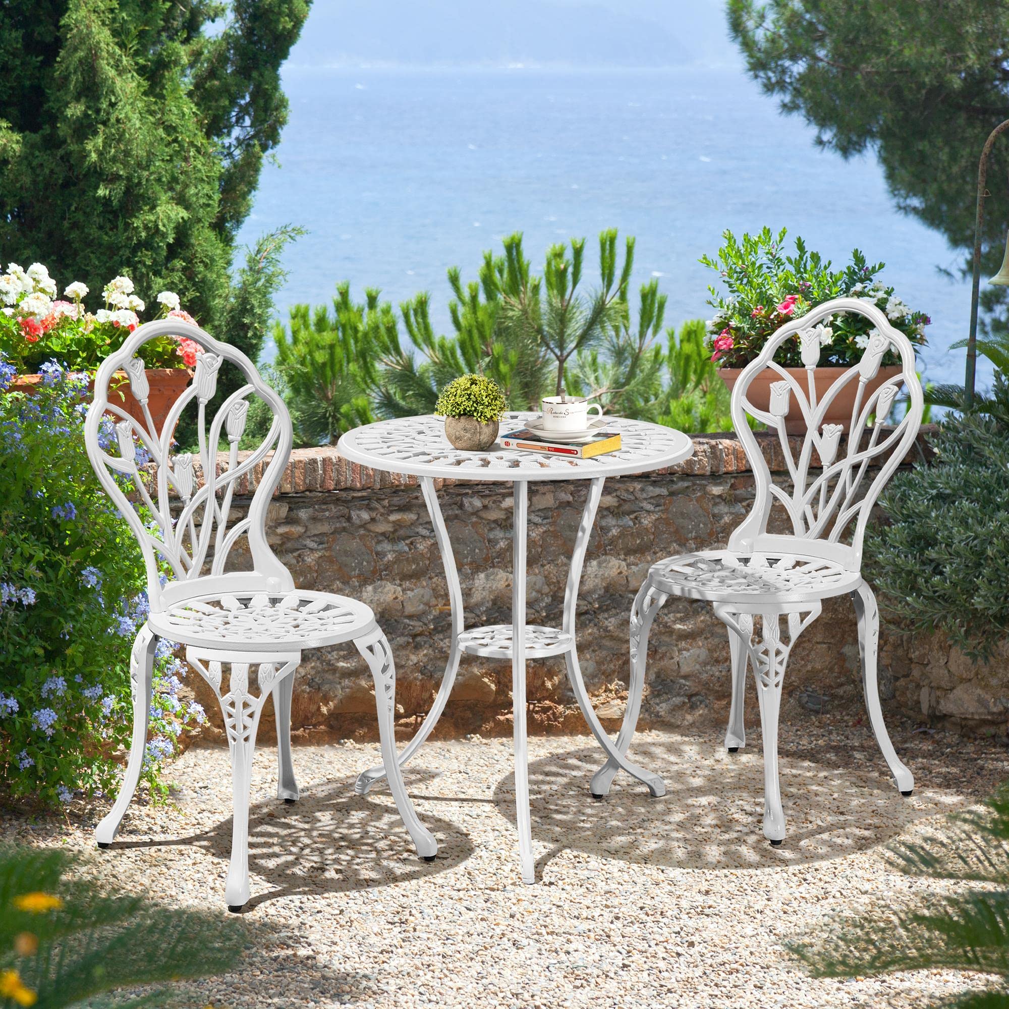 3-Piece Outdoor Bistro Set w/Floral Design, Rust-Resistant Cast Aluminum Table and Chairs w/Umbrella Hole for Balcony, Backyard, Garden, White