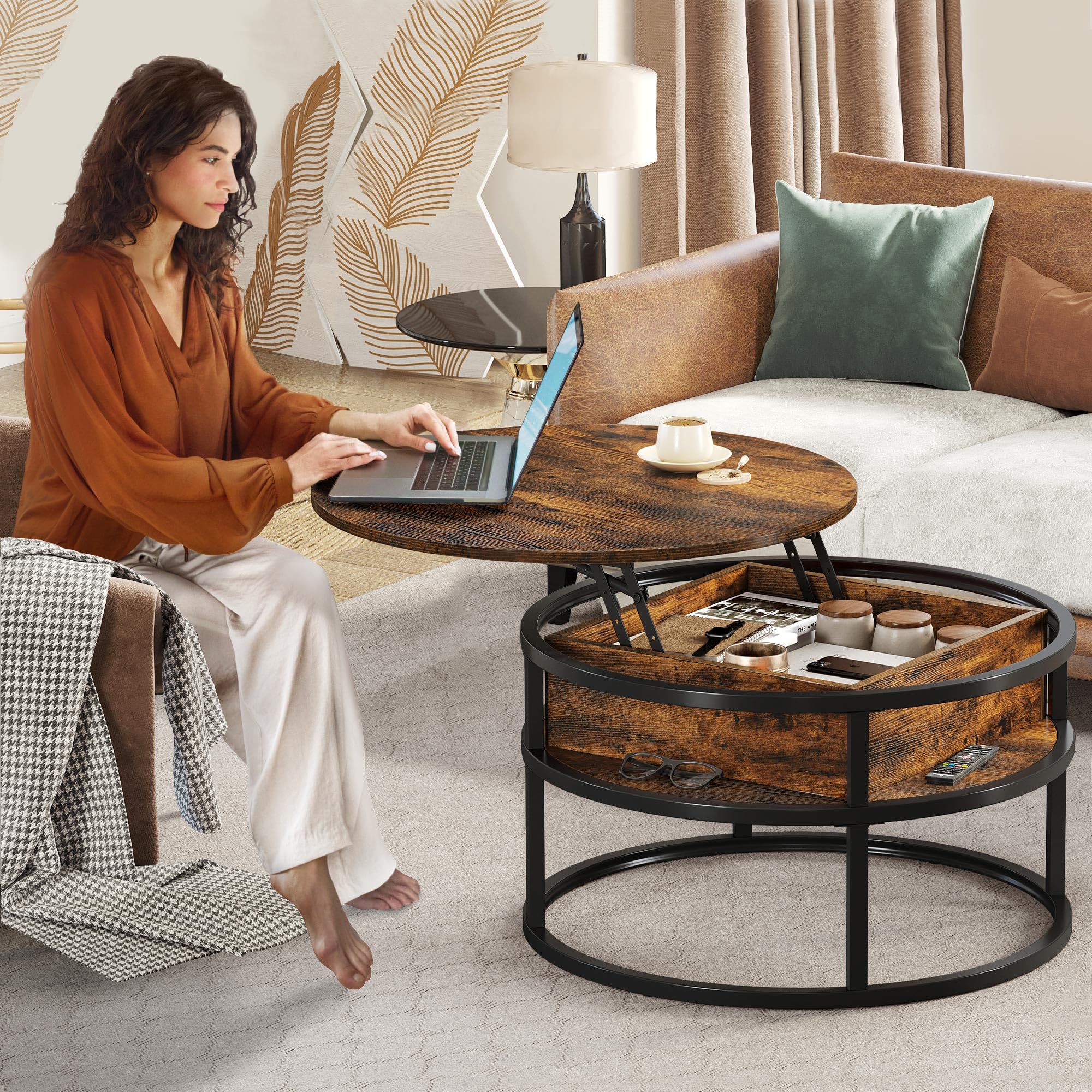 Round Lift Top Coffee Table with Storage, Coffee Tables for Living Room