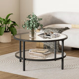 Black Glass Coffee Table, 29.5 Inch Round Modern coffee table, 2-Tier Round Glass Coffee Table for Living Room, 29.5" D x 16.5" H