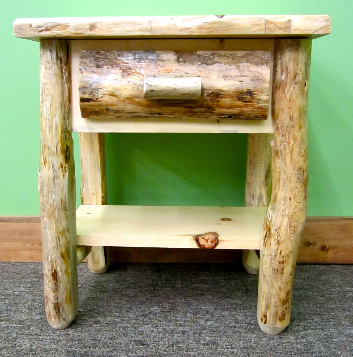 Rustic Pine Log Nightstand [1 Drawer] - Textured Light & Dark Brown/Dovetailed/Solid