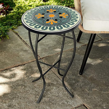 29-KY03WH Accent Side Table - Small, Colorful Mosaic Design, Rust-Resistant Steel Frame