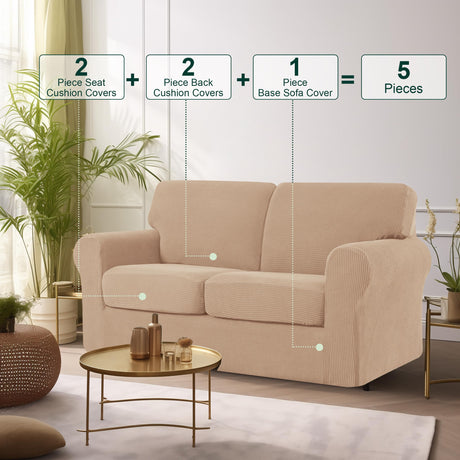 5 Piece Stretch Loveseat Sofa Cover, 2 Seater Couch Slipcover with Two Separate Backrests and Cushions