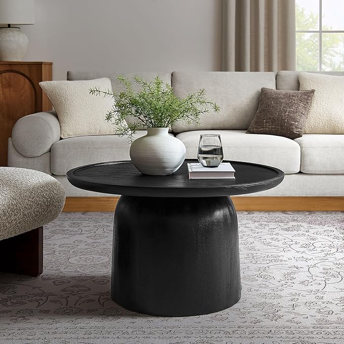 Holloway 30 Inch Round Mango Wood Coffee Table in Walnut – Contemporary Circle Drum