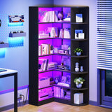 6 Tier Corner Bookshelf with LED Light, Black Bookshelf L-Shaped Bookcase Storage