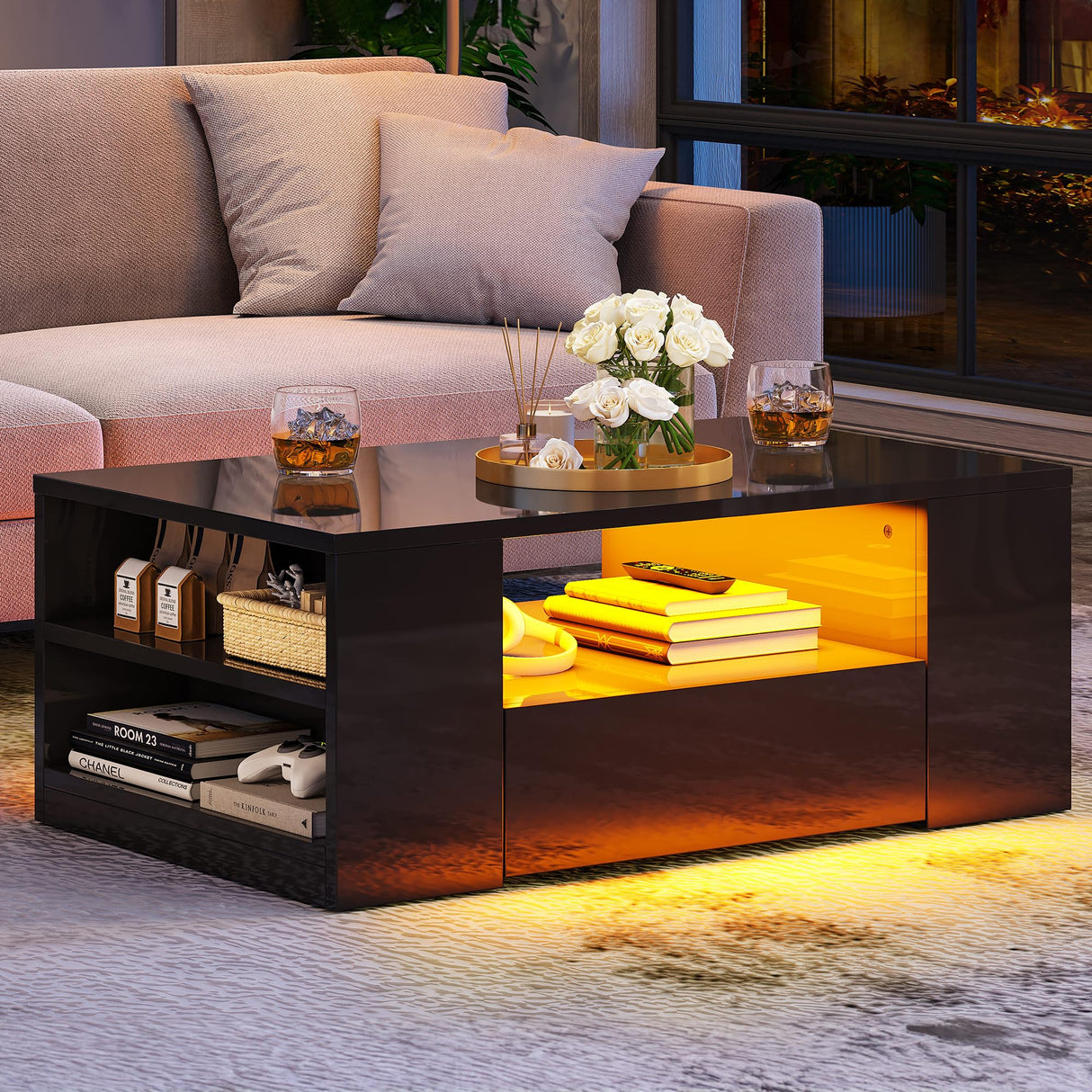 Modern Coffee Tables for Living Room, High Gloss LED Coffee Table, Storage Coffee Table