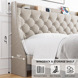 Queen Bed Frame with Charging Station and Wingback Headboard, Button Tufted