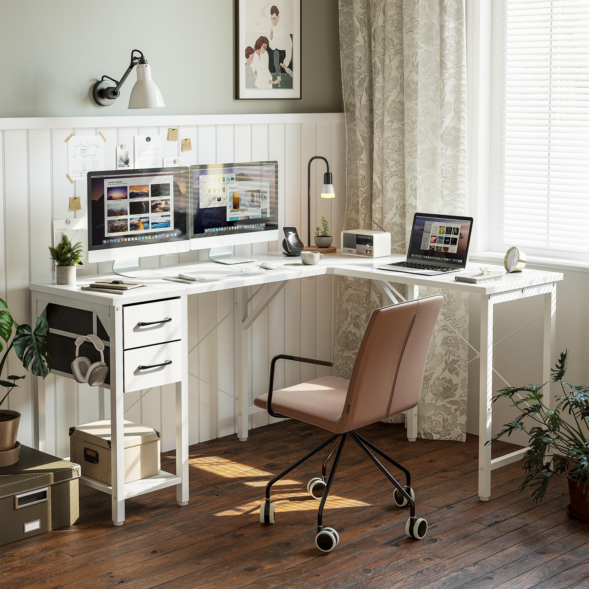 L Shaped Computer Workstation with Storage Drawers and Bookshelves