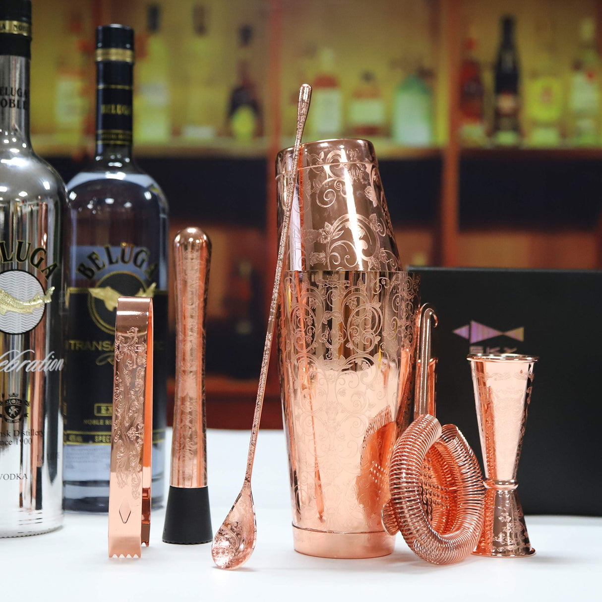 Bartender Kit Cocktail Shaker Set-6 Pieces Stainless Steel Copper Plated Etching
