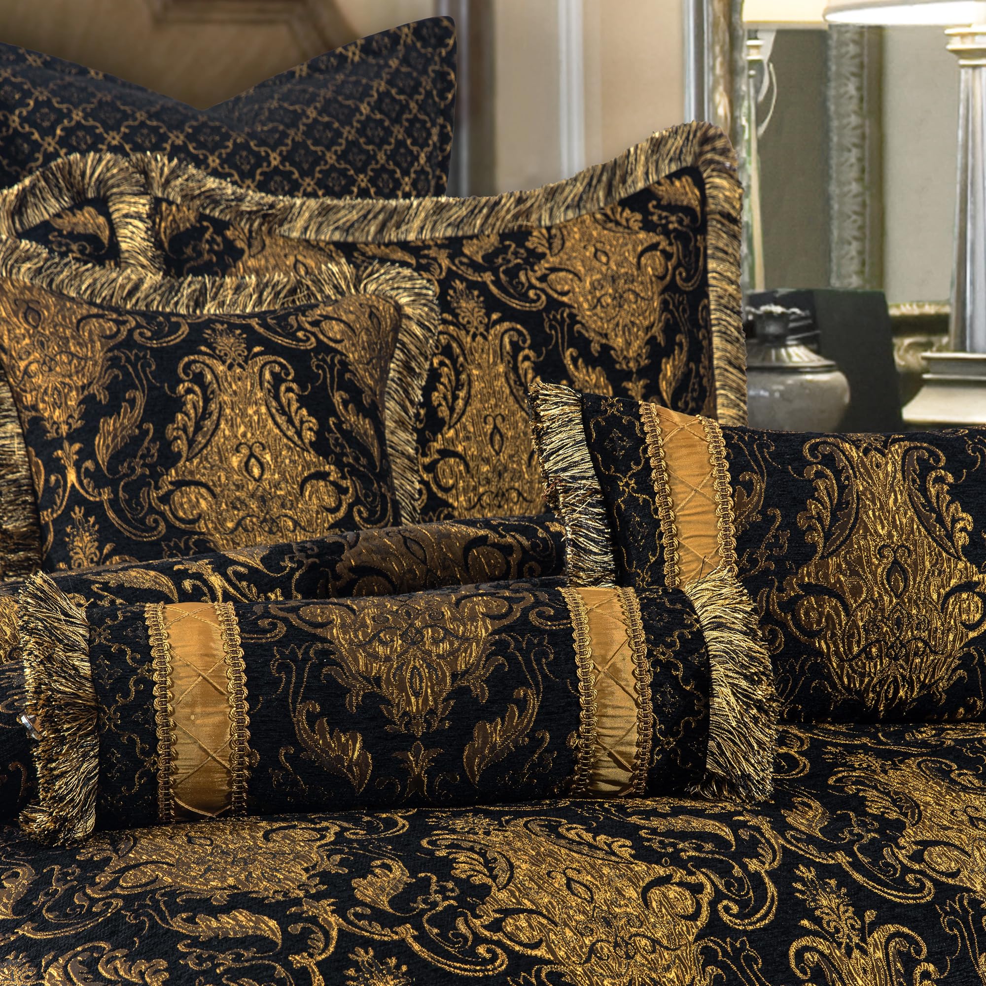 9-Piece Black Damask Jacquard Comforter Set - Queen