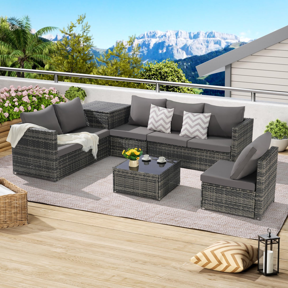 6 Pieces Outdoor Patio Furniture PE Rattan Wicker L Shaped Conversation Modular