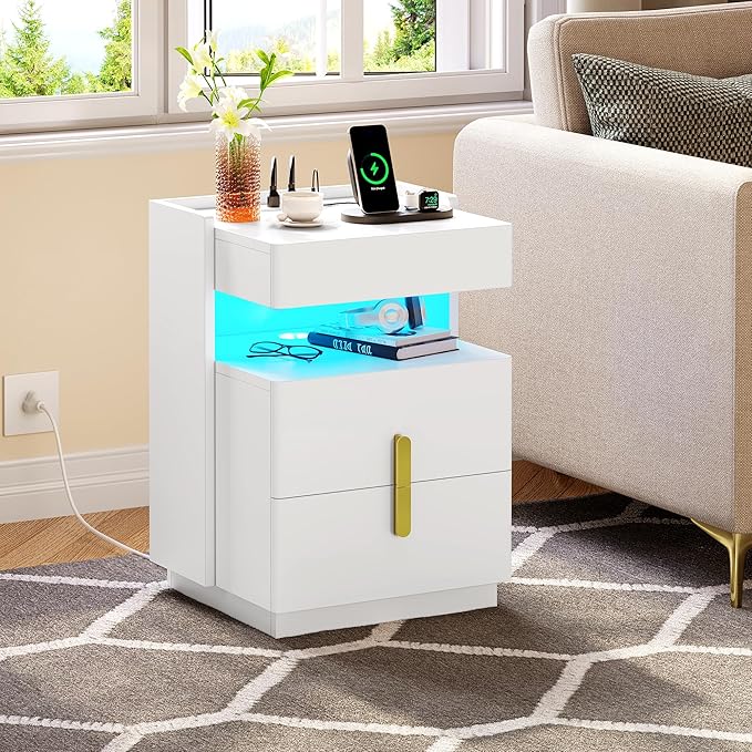 Nightstand with Charging Station & LED Lights, Night Stands with 2 Drawers for Bedroom