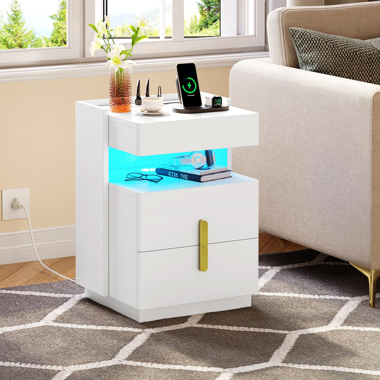 Nightstand with Charging Station & LED Lights, Night Stands with 2 Drawers for Bedroom