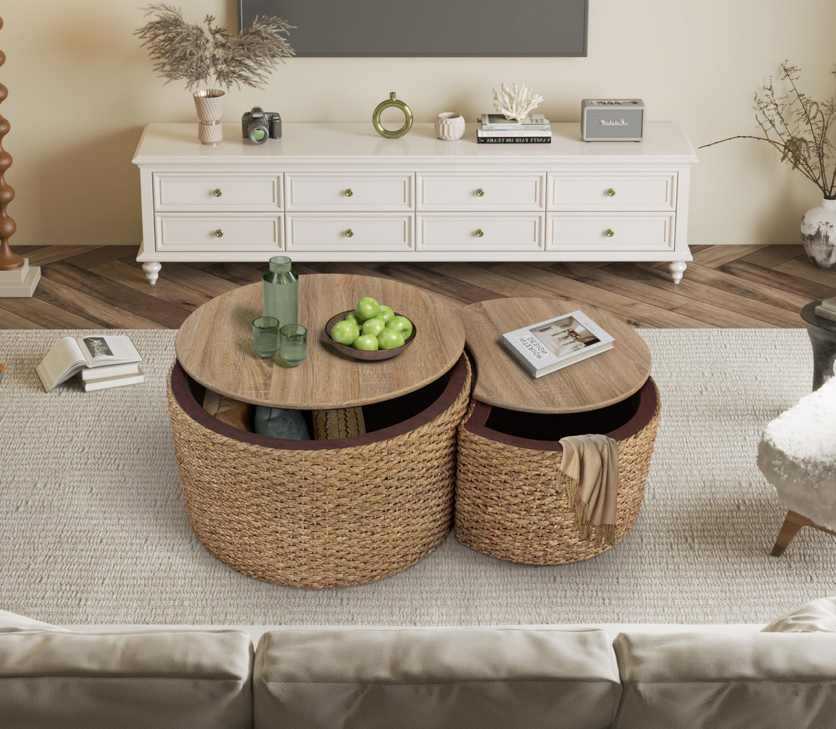 Nesting Coffee Table Set of 2, Coastal Coffee Table with Storage, Woven Coffee Table