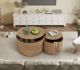 Nesting Coffee Table Set of 2, Coastal Coffee Table with Storage, Woven Coffee Table