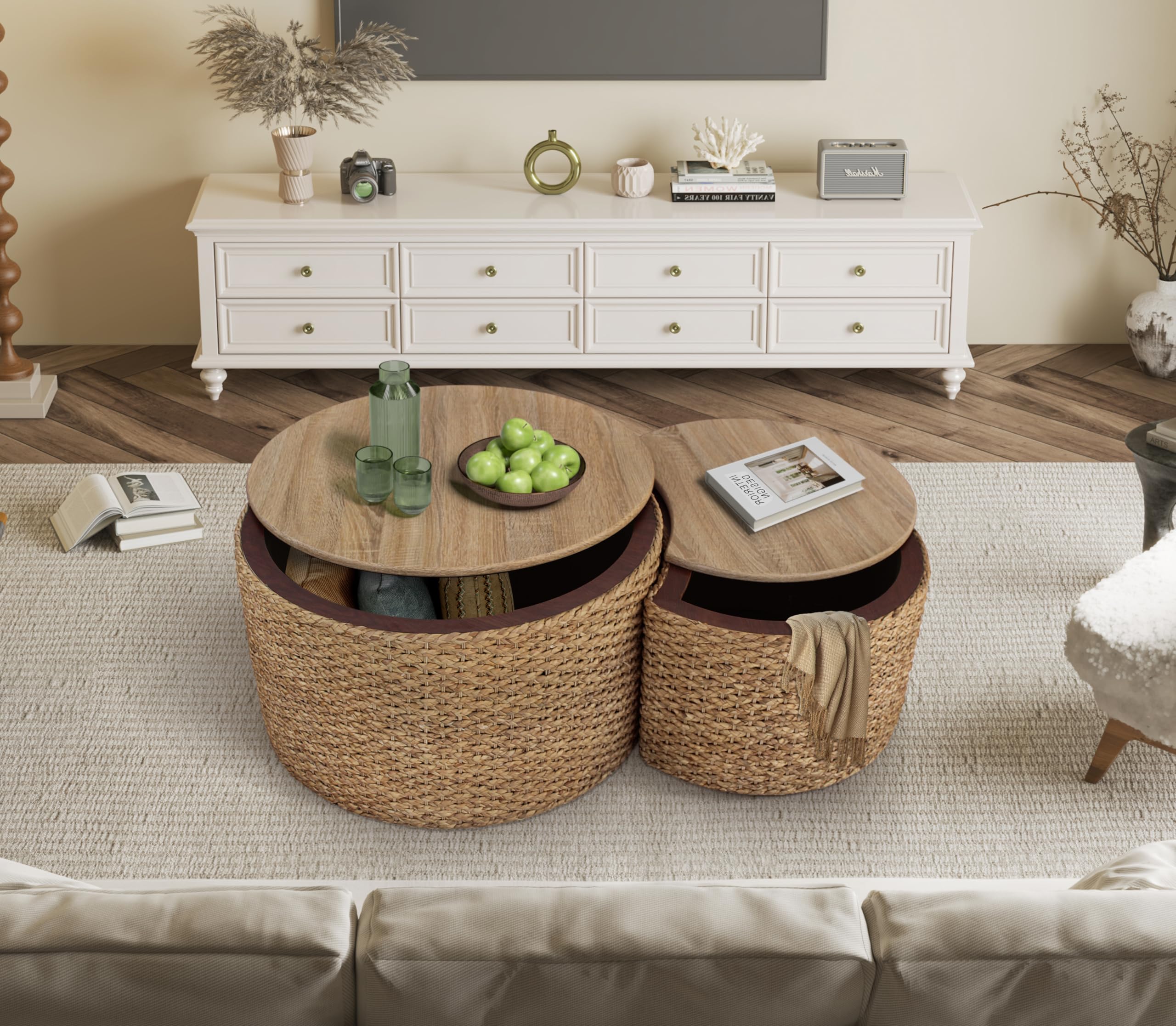 Nesting Coffee Table Set of 2, Coastal Coffee Table with Storage, Woven Coffee Table