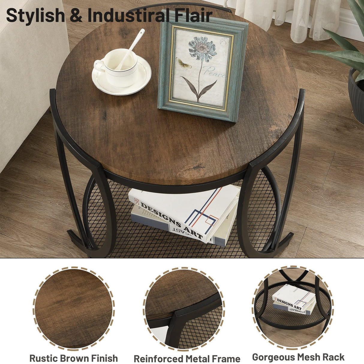 Industrial Round End Table with Storage Shelf, 2-Tier Side Table for Living Room