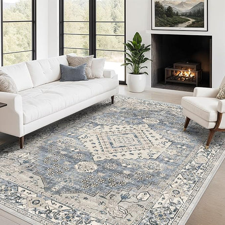 9x12 Washable Distressed Area Rugs - Living Room Bedroom Low Pile Rugs for Vintage: Boho Oriental Non Slip Bedroom Dining Room Thin Ultra Soft Room Decor Muted Laundry Carpets - Blue/Beige