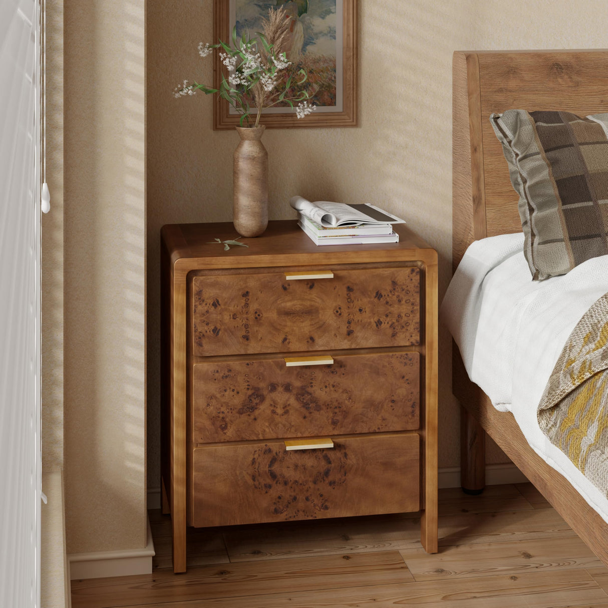 Farmhouse Nightstand with 3 Drawer, Distressed Wood Rustic Accent Dresser
