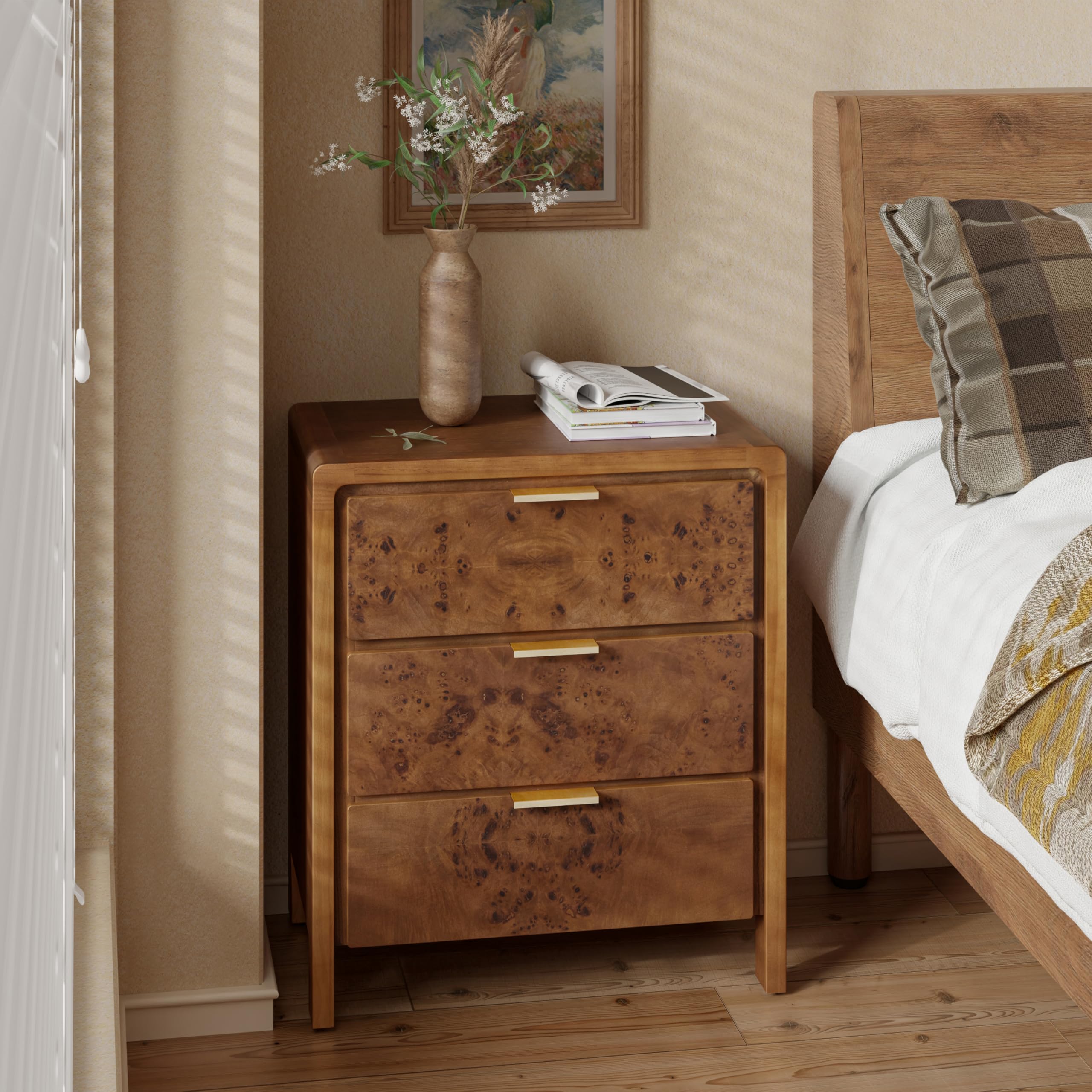 Farmhouse Nightstand with 3 Drawer, Distressed Wood Rustic Accent Dresser