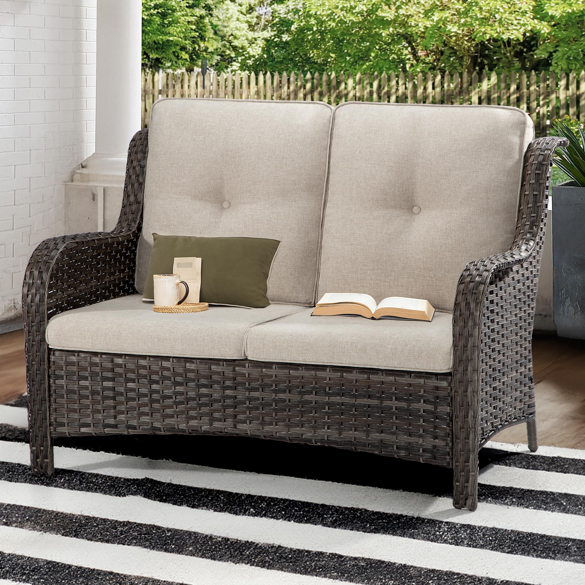 Outdoor Patio Wicker Loveseat Sofa - 2-Seater Rattan Sofa for Outside Patio Garden
