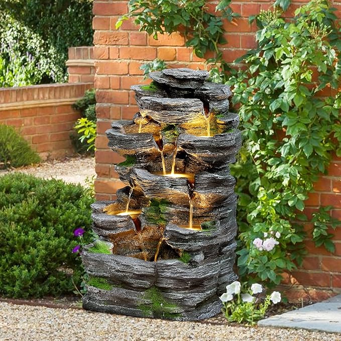 10-Tier Cascading Rock Water Fountain Outdoor Garden Waterfall with Lights