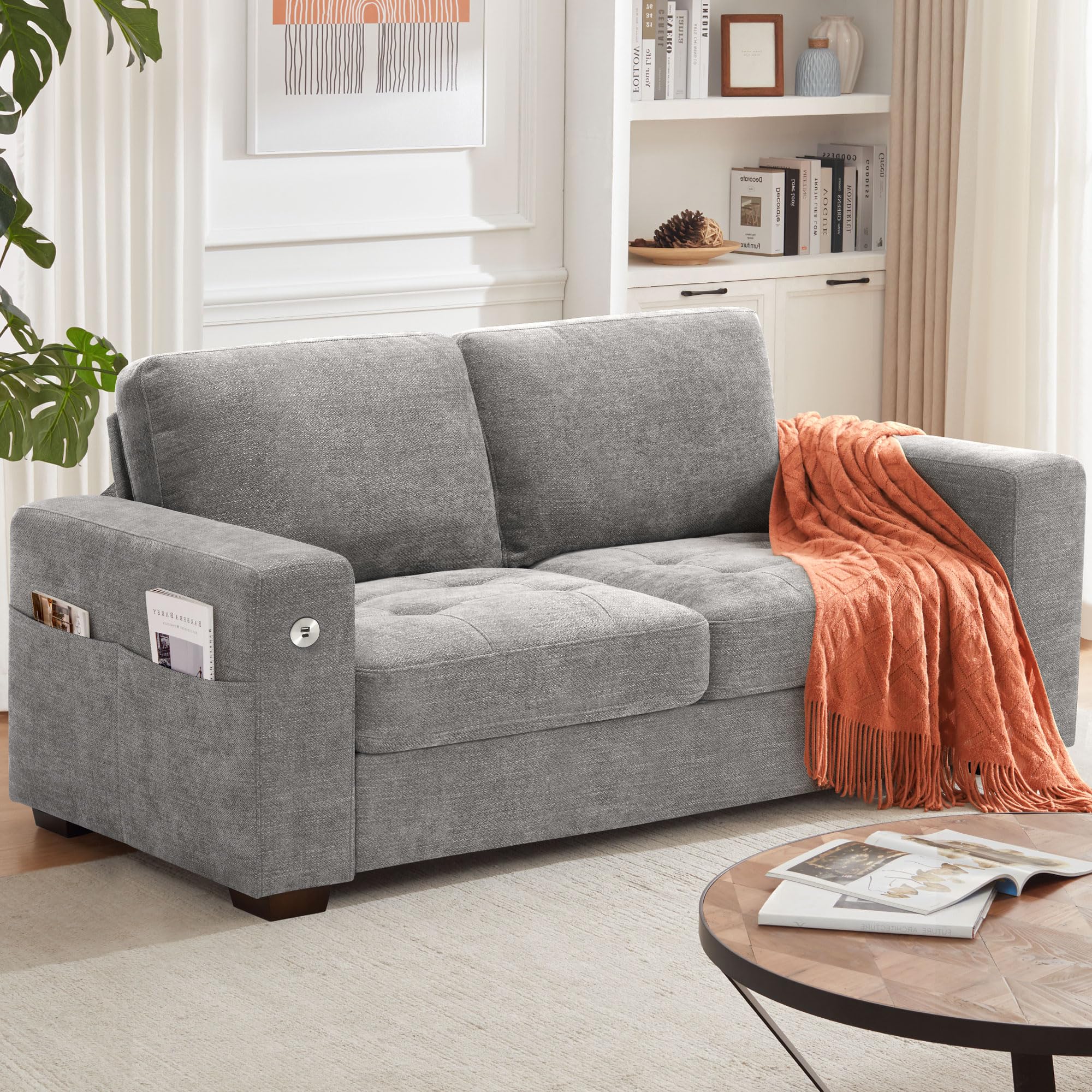 Sofa 70 Inch Loveseat with USB/Type-C Charging Port & Side Pocket, Comfy Modern 2-Seats Sofa for Living Room & Bedroom, Removable Medium Firm Sofa Cushion, Breathable Chenille Fabric, Grey