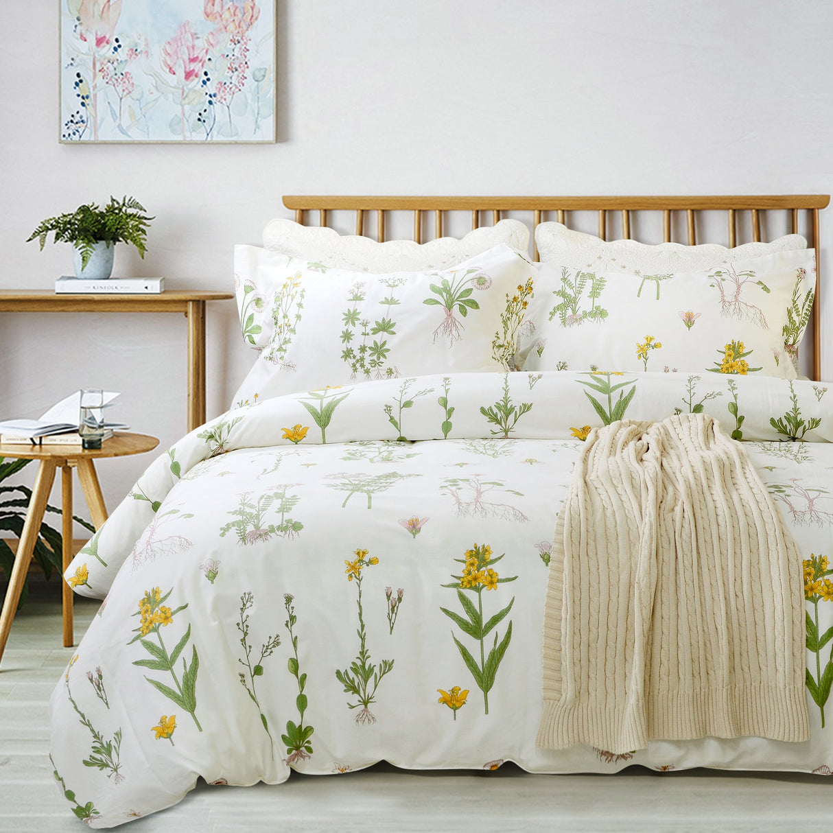 Shabby Floral Duvet Cover Set White and Green Cotton Bedding Set